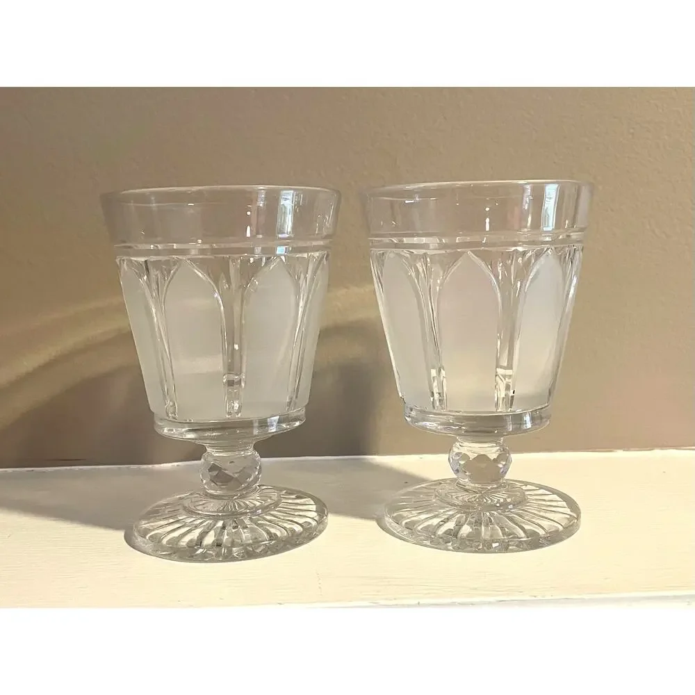 Vintage Hand Blown Crystal Pedestal Water Goblets, Frosted Design, Set of 2